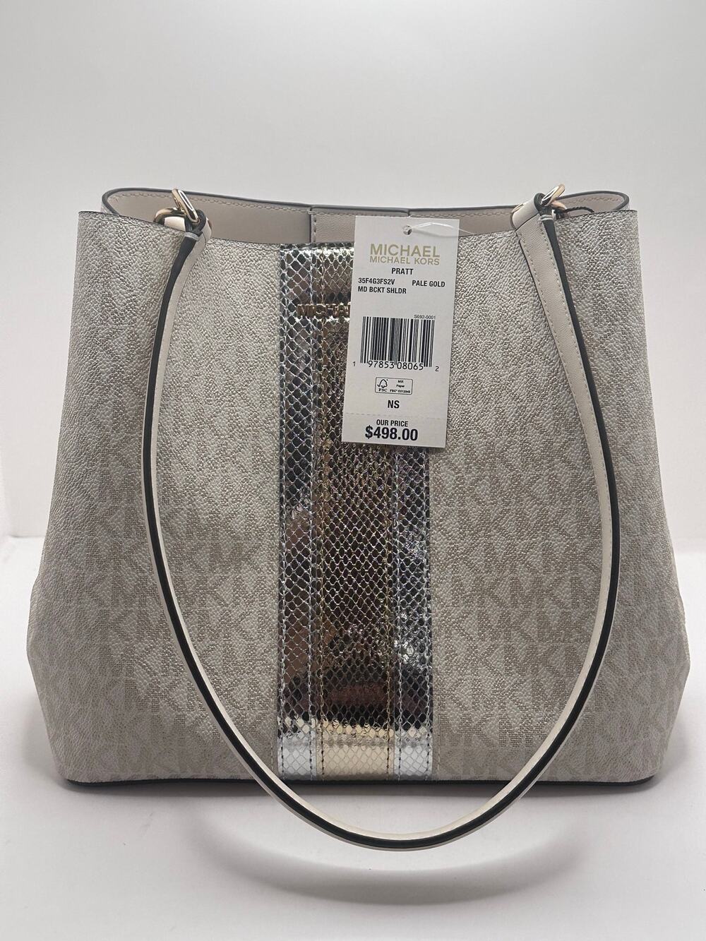 Michael Kors Pratt Medium Bucket Shoulder Bag Tote Pale Gold MK Logo Purse NWT
